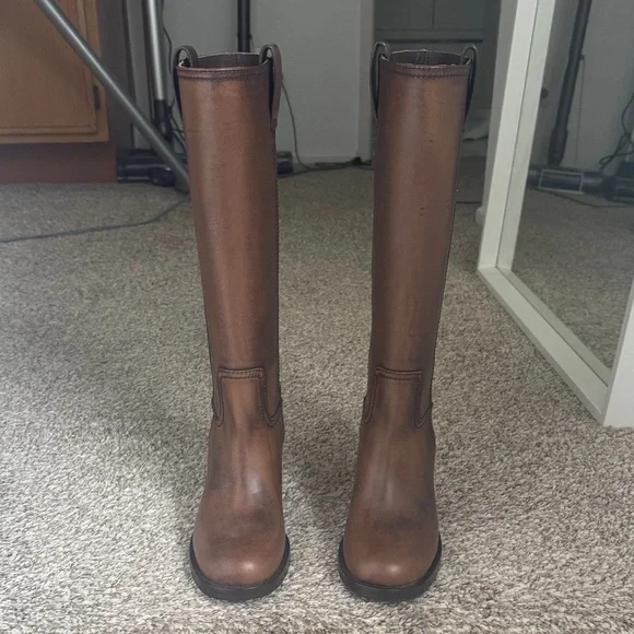 Brown Leather Tall Block-Heel Boots 35 - Picture 2 of 6